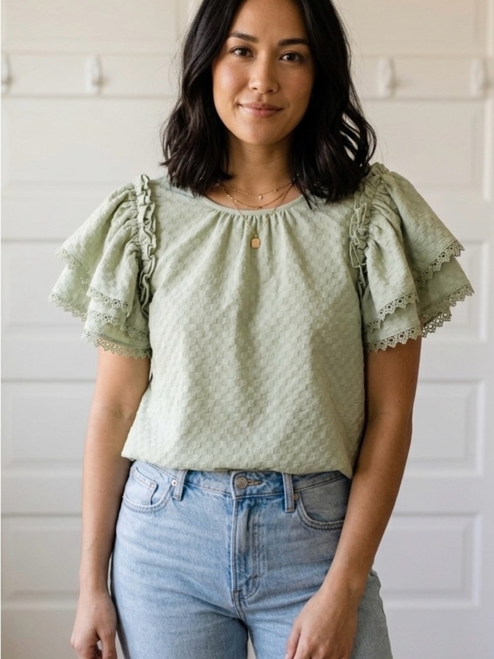 NWT ODDI Sage Green Ruffle Flutter Sleeve Textured Top - Size M